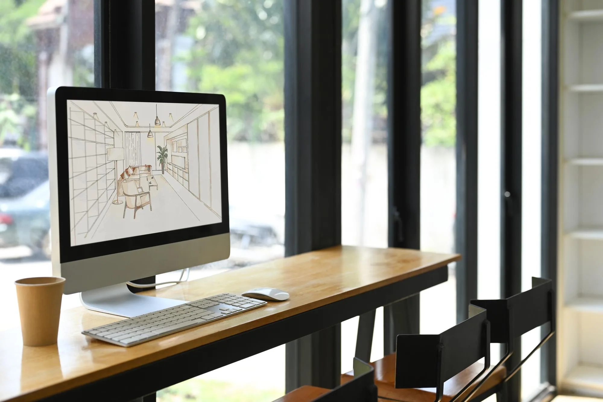 Modern office desk with a computer displaying a home design sketch, representing the Select Living team’s creative process.